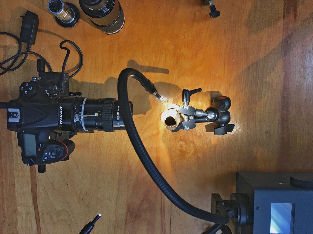 Photographing butchering marks on a deer femur using our macro photography equipment.